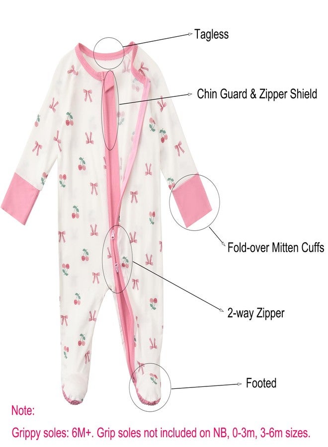 Aablexema Baby Footed Coverall Pajamas with Mittens Rayon from Bamboo 2pcs Newborn Infant 2-way Zipper Outfit (Pink Cherry Bow, 0-3m) - Image 2